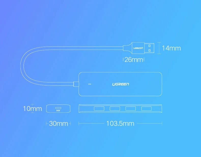 Kasë USB HUB Ugreen CM219 50985, 4x USB 3.2 Gen 1, me port micro USB për rrymë, Gri
