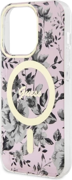 Mbështjellës Guess GUHMP14LHCFWSP për iPhone 14 Pro 6.1", Flower MagSafe, rozë