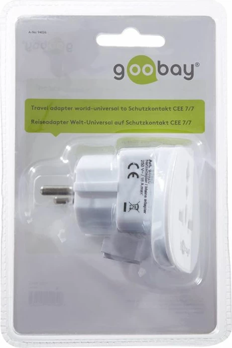 Adapter udhëtimi Goobay LIGHT on EU 94026, CEE 7/7, 250V/16A, 3680W, i bardhë