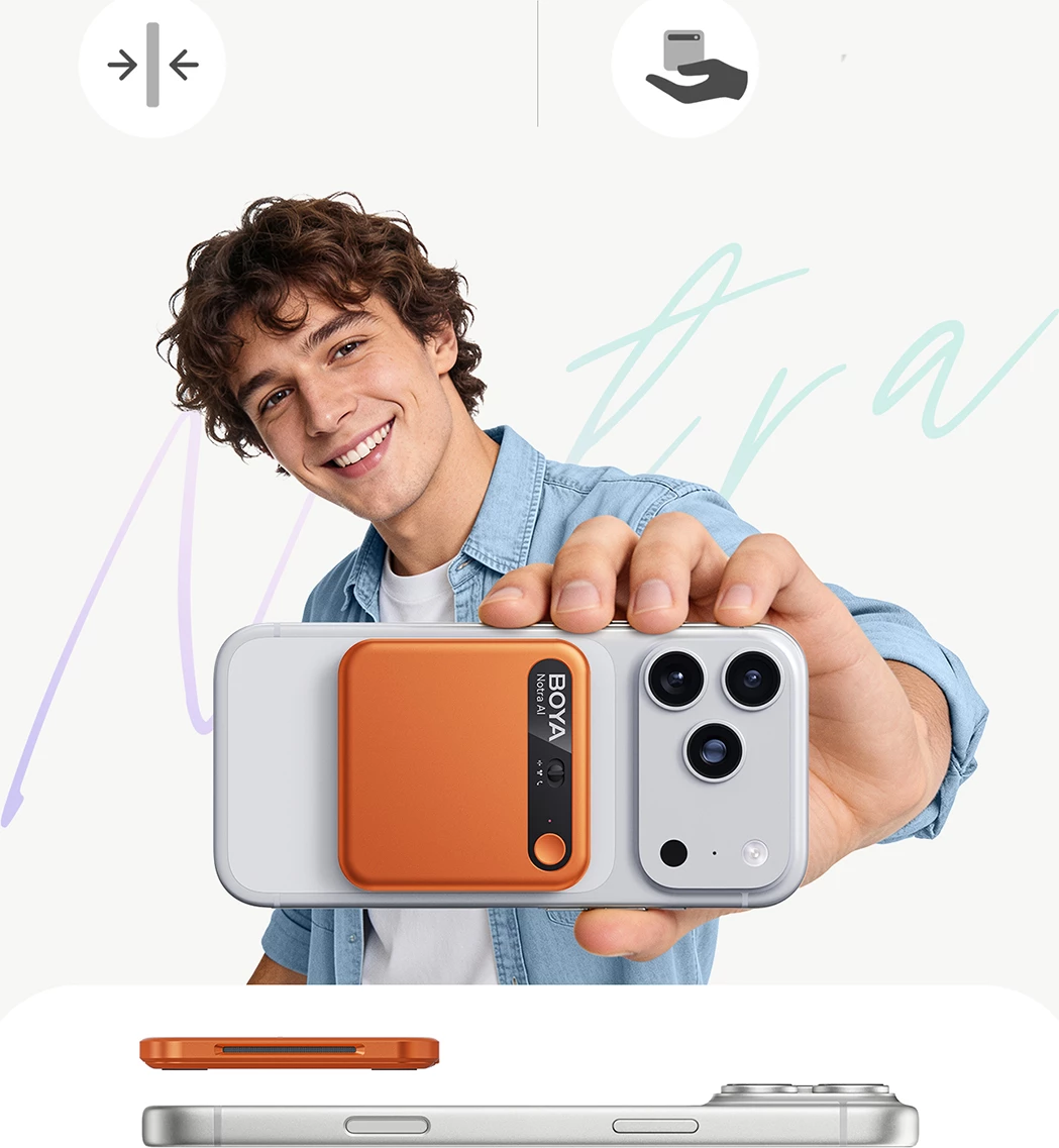 Regjistrues zëri BOYA Notra AI, 64GB, Bluetooth/USB-C, MagSafe, portokalli