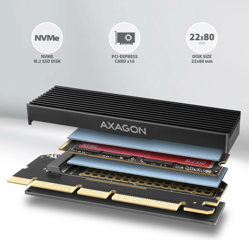 Adapter PCIe AXAGON PCEM2-XS për SSD NVMe M.2 me ftohës, i zi