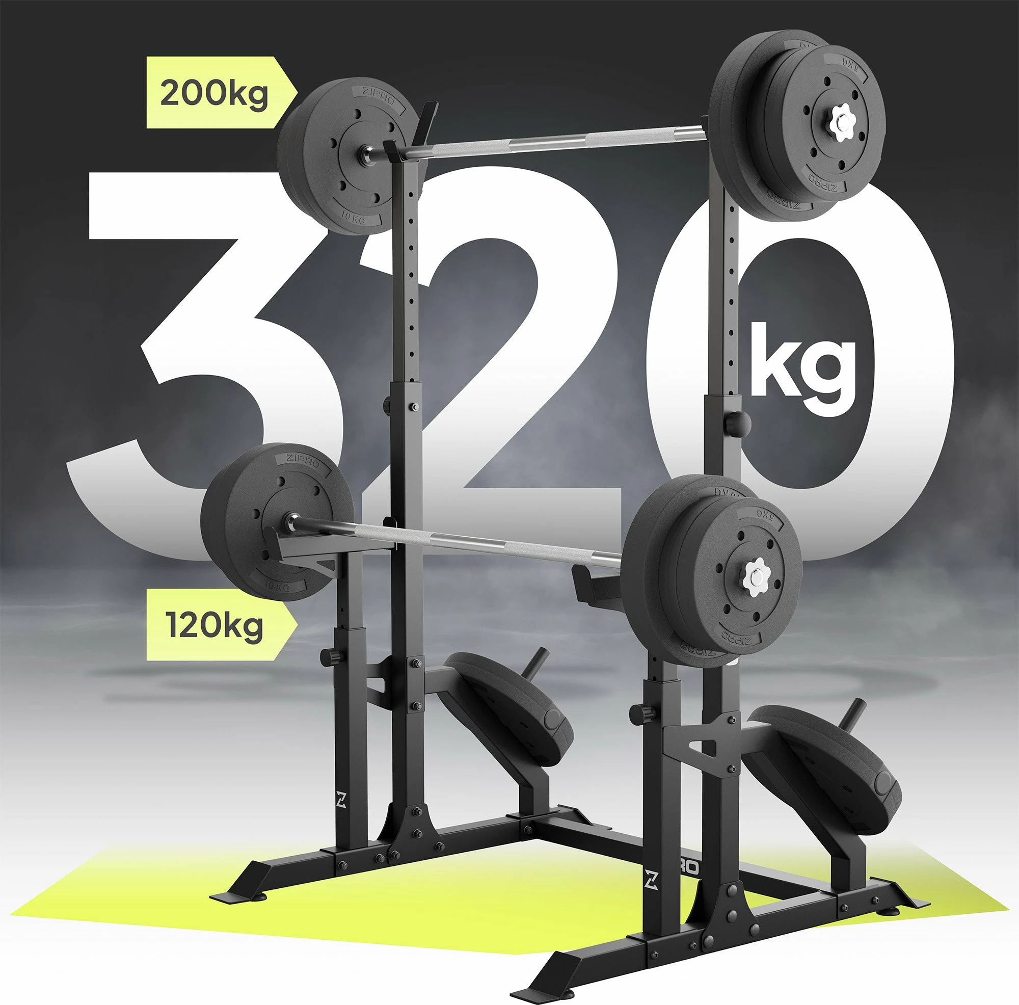 Rack për shtangë Zipro LIFT, i rregullueshëm me safety dhe mbajtëse për disqe, 320 kg, i zi