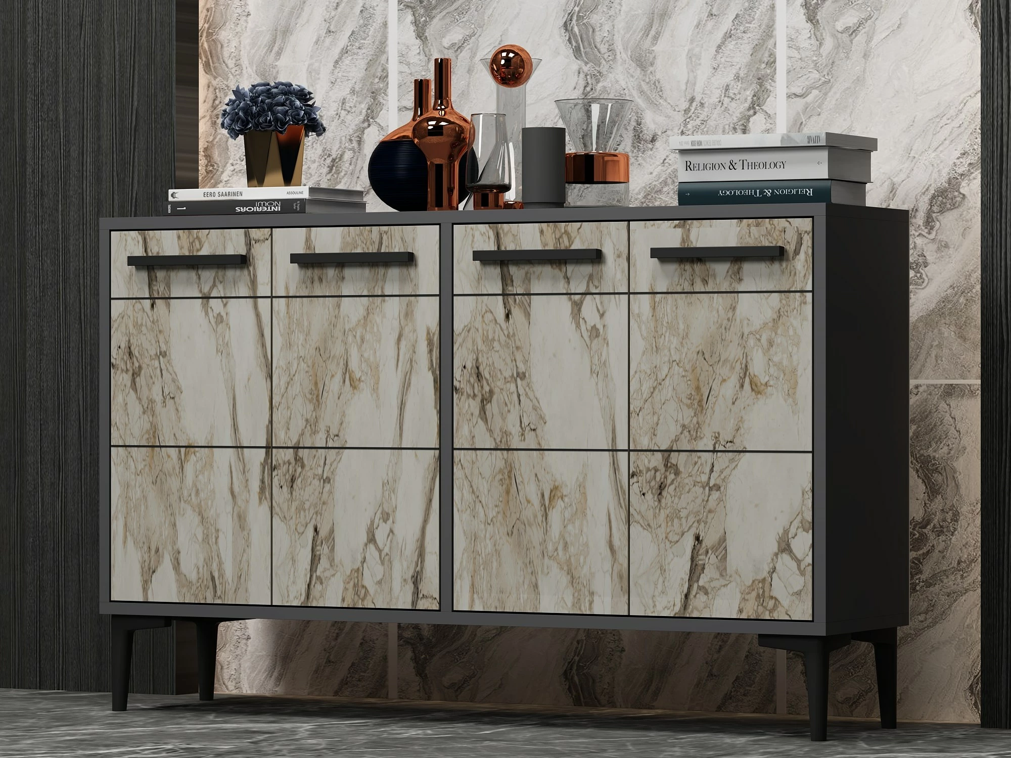Konsol Skye Decor, stria, anthracite, mermer