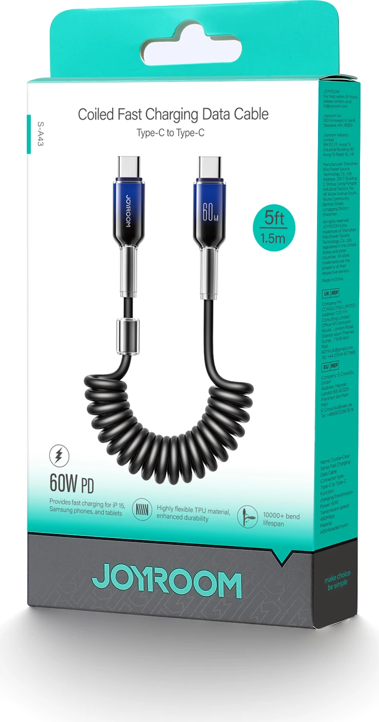 Kabllo spiral USB-C në USB-C Joyroom S-A43 Crystal-Clear Series, 1.5m, 60W, e zezë