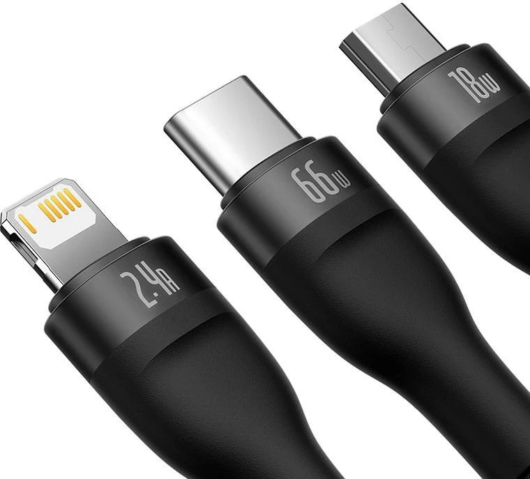 Kabllo Baseus 3w1 Flash II, USB-C + micro USB + Lightning, 66W, 1.2m, e zezë