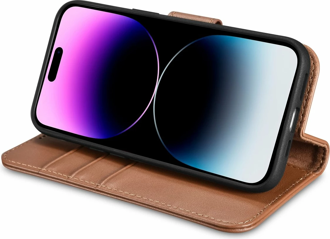 Mbështjellës iCarer Wallet Case 2in1 për iPhone 14 Pro Max, lëkurë natyrale, Anti-RFID, Kafe