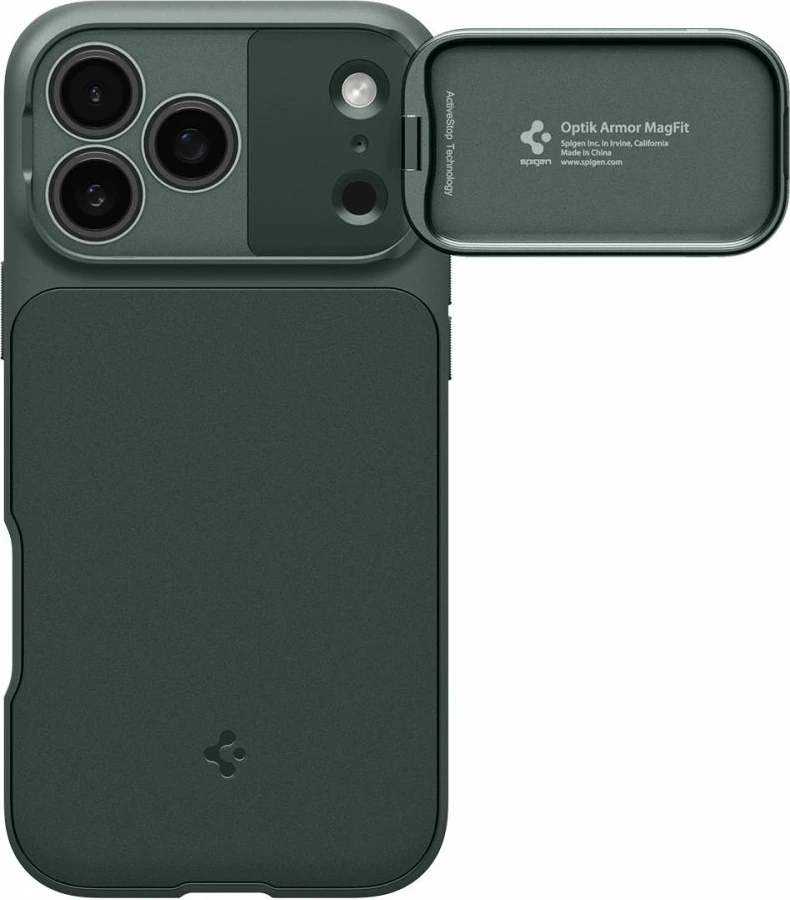 Mbështjellës Spigen Optik Armor MagSafe për iPhone 17 Pro/17 Pro Max, TPU+PC, mbrojtës kamere me slider, e gjelbër
