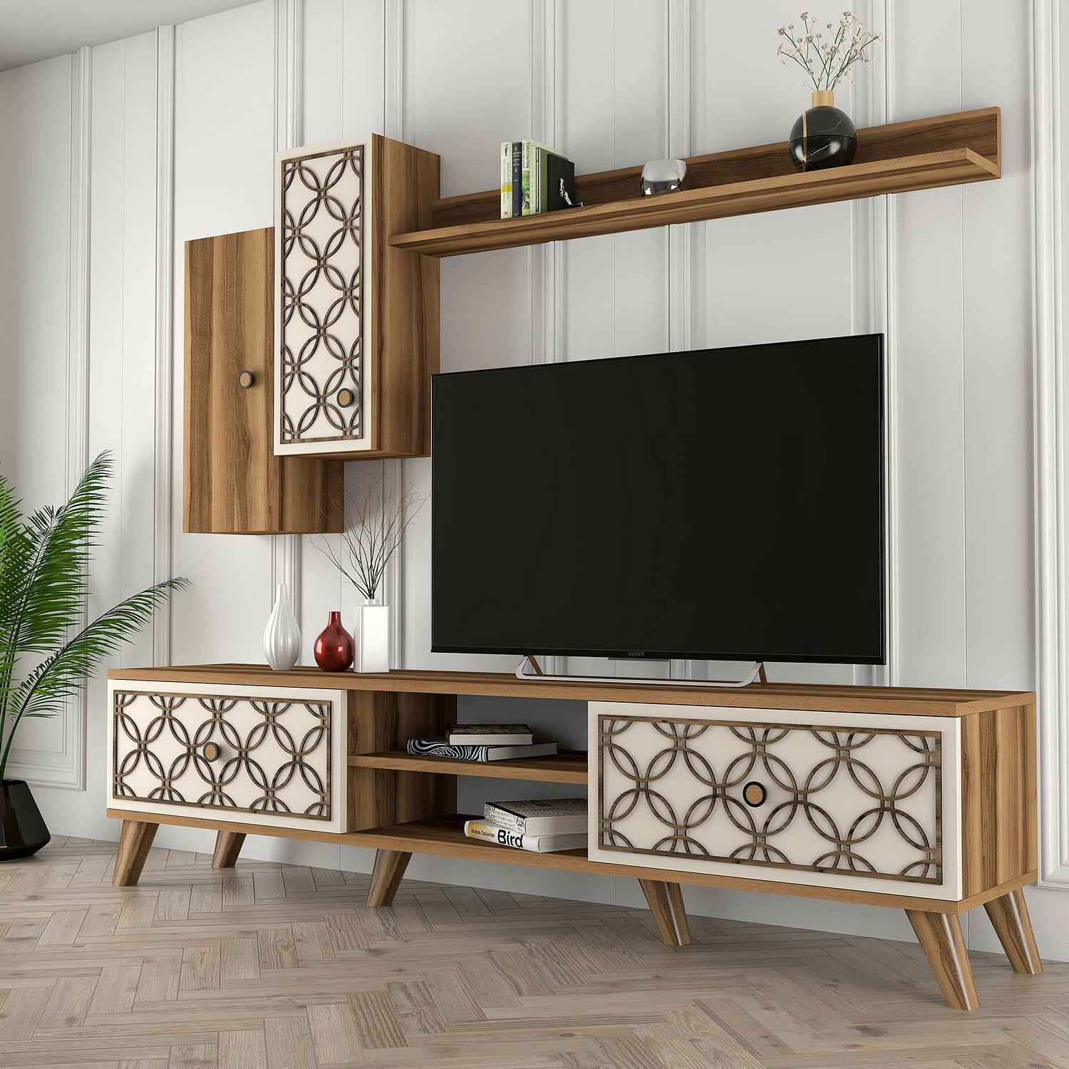 Njësi TV Skye Decor, klasë S, ngjyrë arre, krem
