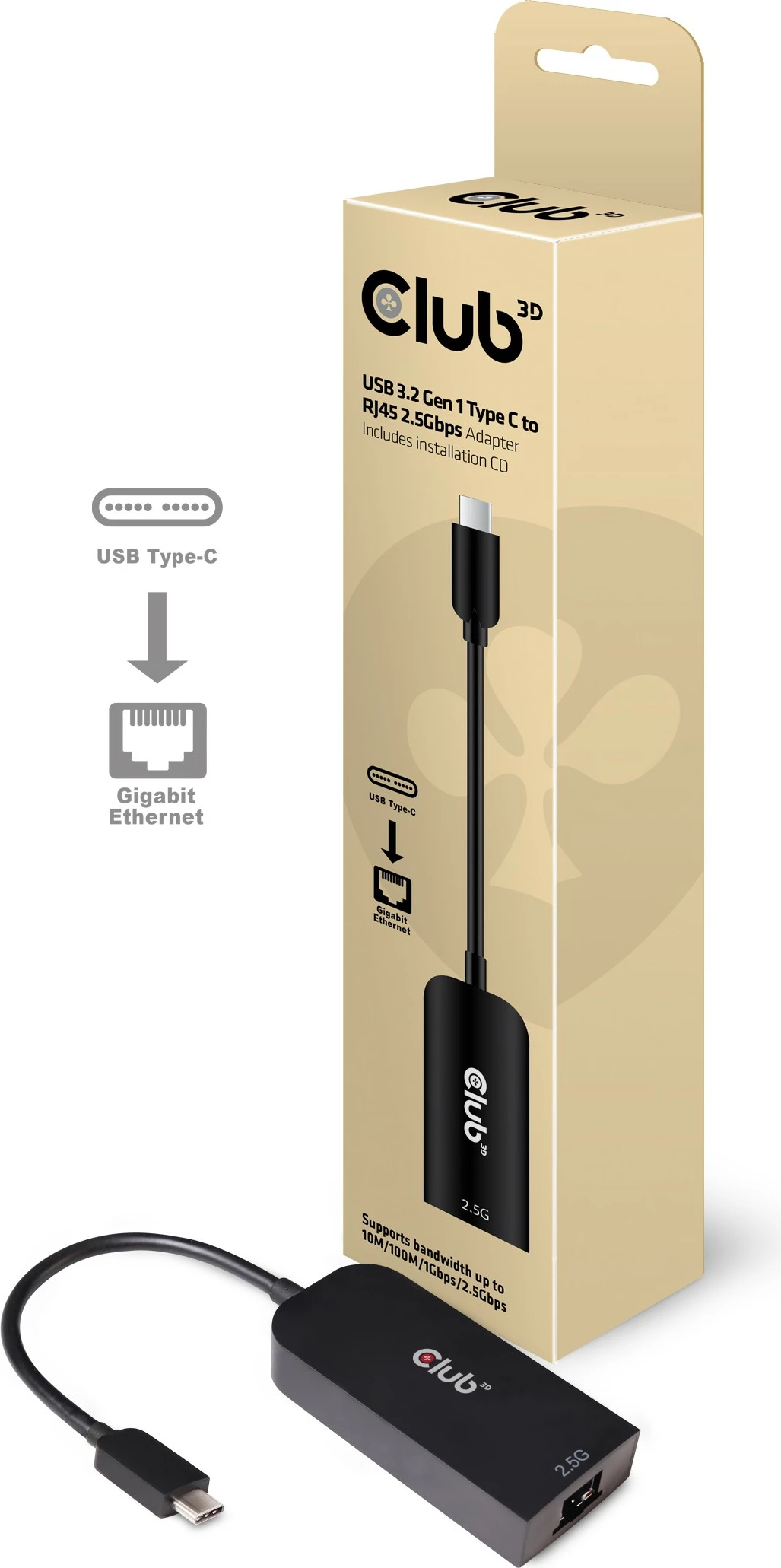 Adapter Club3D USB-C në RJ45 2.5Gbps, i zi