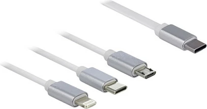 Kablë karikimi 3-në-1 DeLOCK USB-C retraktabile, 0.98 m, USB-C në Lightning/Micro-USB/USB-C, bardhë/argjendtë