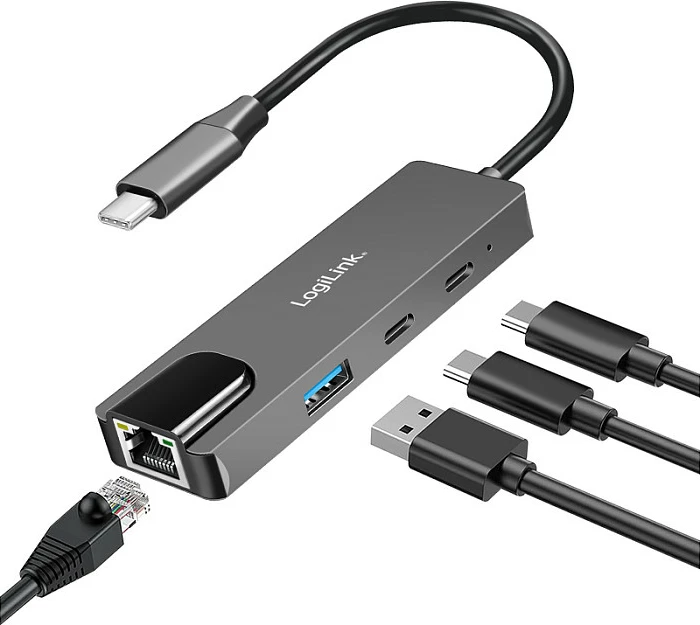 USB-C Hub LogiLink USB 3.2 Gen1, 3 porta, Ethernet 2.5G, gri
