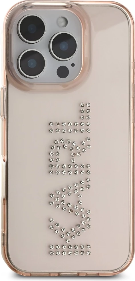 Mbështjellës Karl Lagerfeld IML Rhinestones Logo për iPhone 16 Pro Max, Rozë