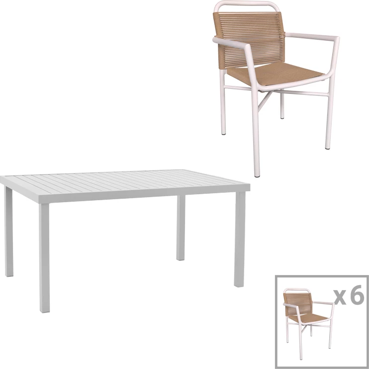 Tavolinë me karrige Kliton, set prej 7 copë,, alumin, ngjyrë e bardhë, 150x80x74cm