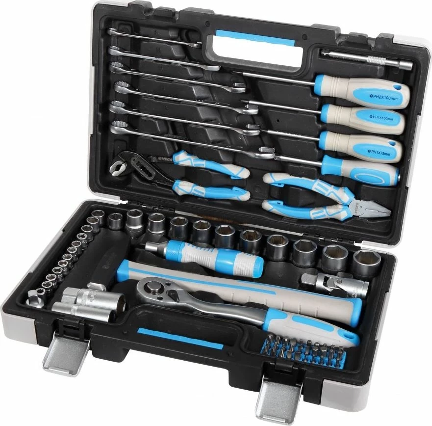 Set veglash MEGA 58075, 75 pjesë, CrV, me kasë transporti, zezë/kaltër