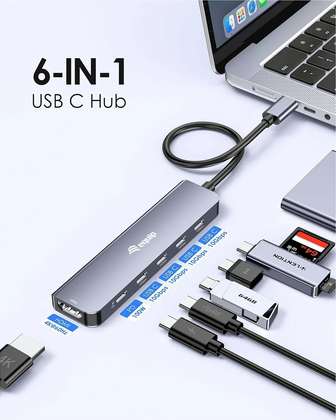 Adapter multifunksional USB-C EQUIP 133499, 6-në-1, HDMI 4K/60Hz, 100W PD, 10Gbps, Gri