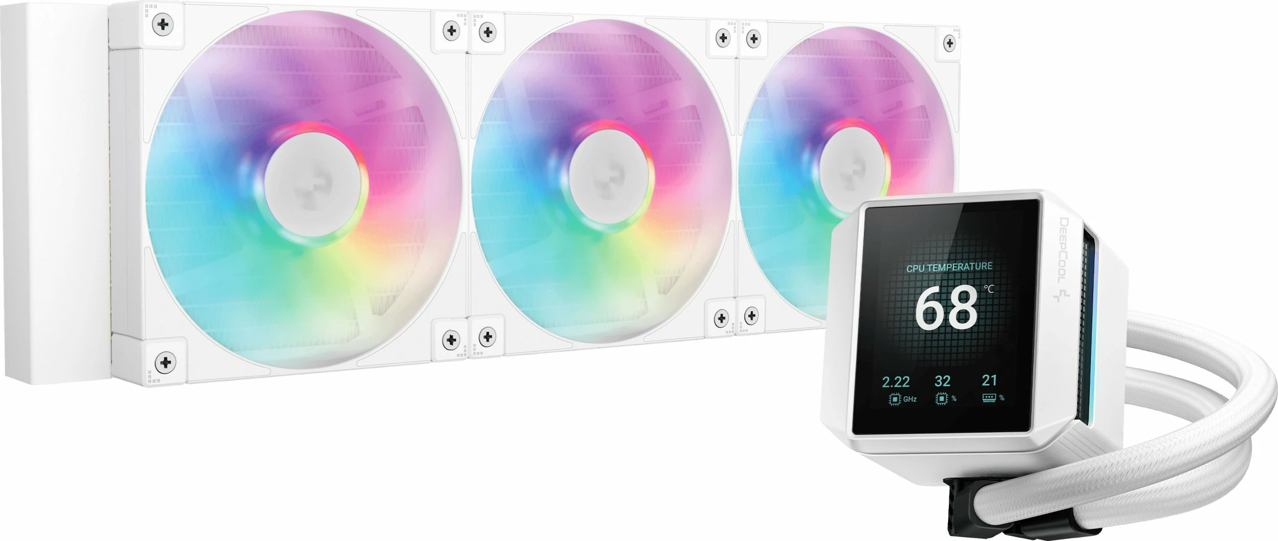 Ftohës uji AIO Deepcool Mystique 360 WH ARGB 360mm me ekran LCD 2.8\", 3x120mm PWM, i bardhë