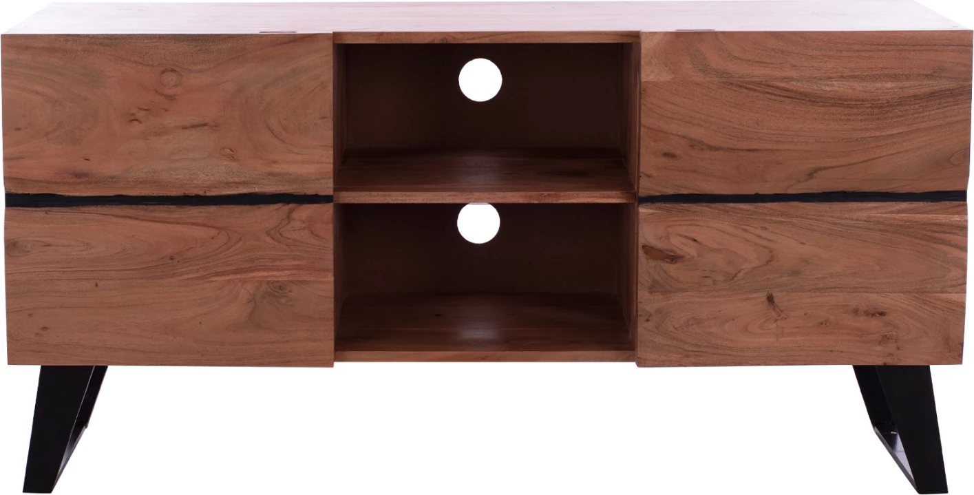 Komodë TV Alicia, dru akacie masiv, ngjyrë natyrale, këmbë metalike të zeza, 130x43x66 cm