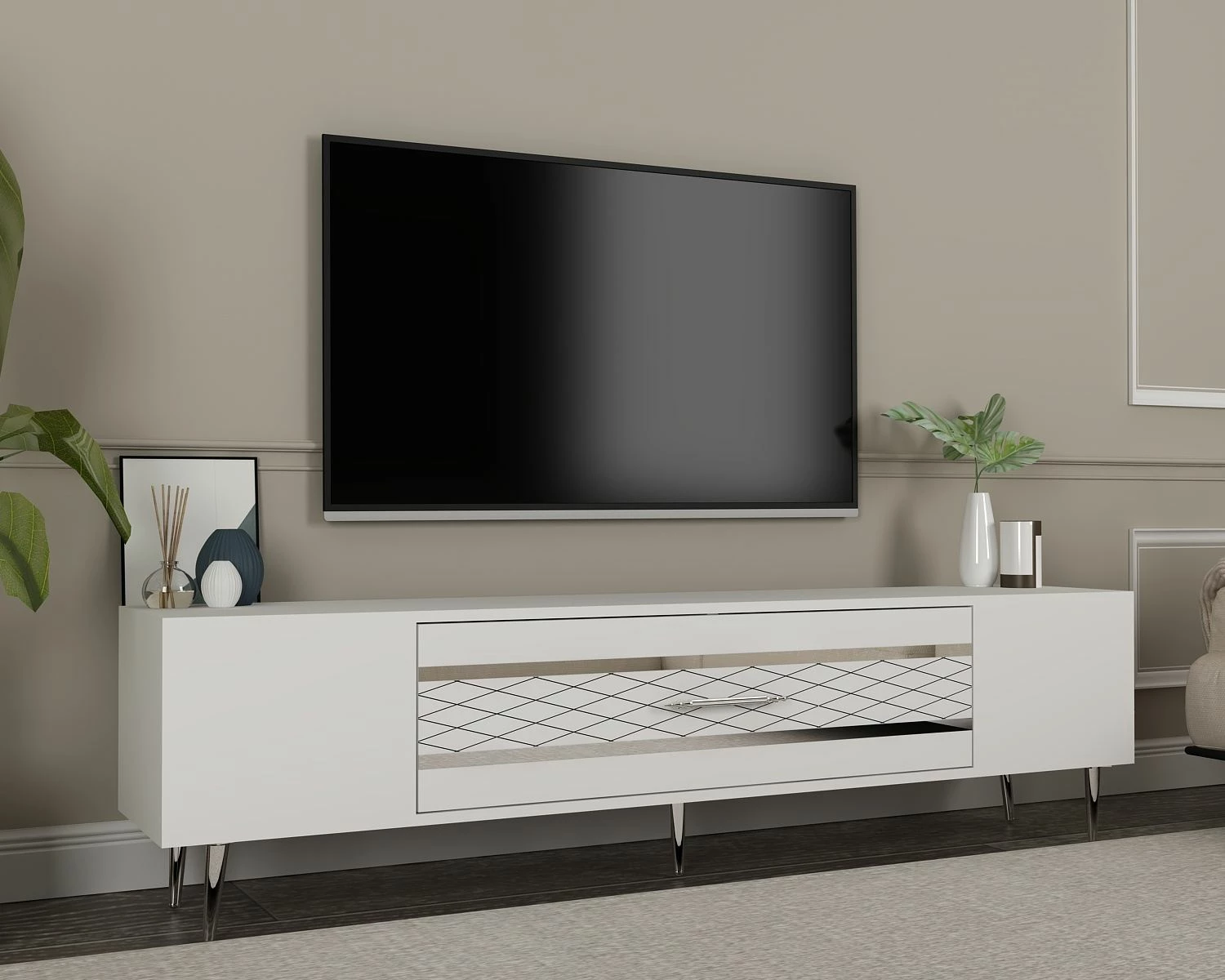 Komodë për TV Skye Decor, Dekolp2, e bardhë, argjend