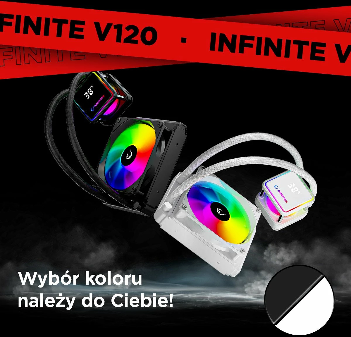 Ftohës uji AIO Rampage INFINITE V120 120 mm ARGB me ekran temperature, i bardhë