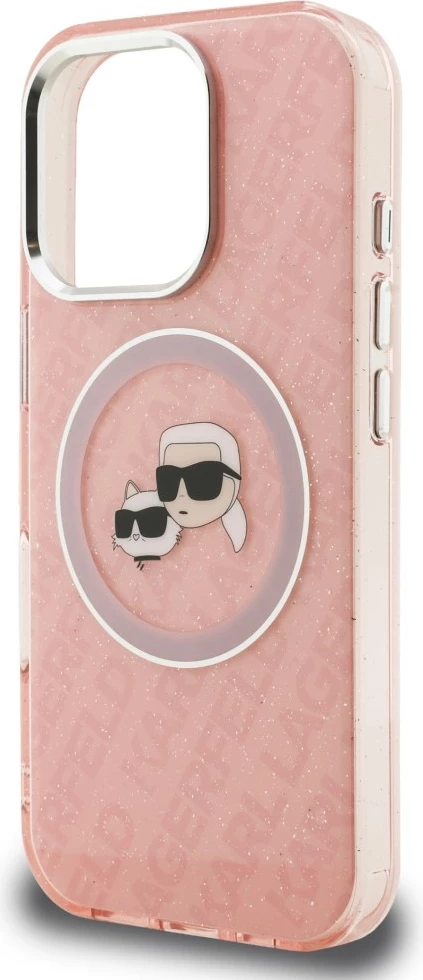 Mbështjellës Karl Lagerfeld IML Glitter Karl & Choupette Heads Logo MagSafe për iPhone 16 Pro Max, rozë, me kuti