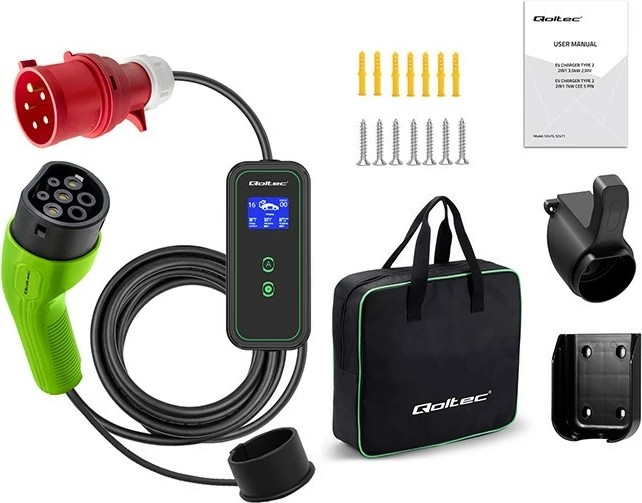 Karikues portativ për vetura elektrike Qoltec 52477, Type 2, 7kW, 5m, WiFi, i zi/gjelbër