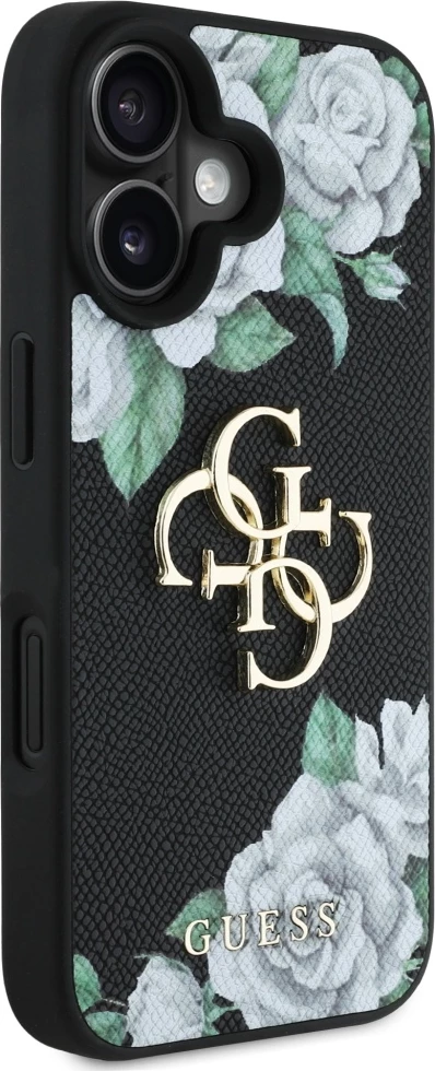 Mbështjellës Guess Grained Roses Big 4G logo për iPhone 16, i zi