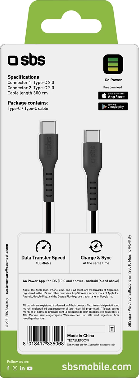 Kabllo USB-C në USB-C SBS TECABLETCC3M, 3m, e zezë