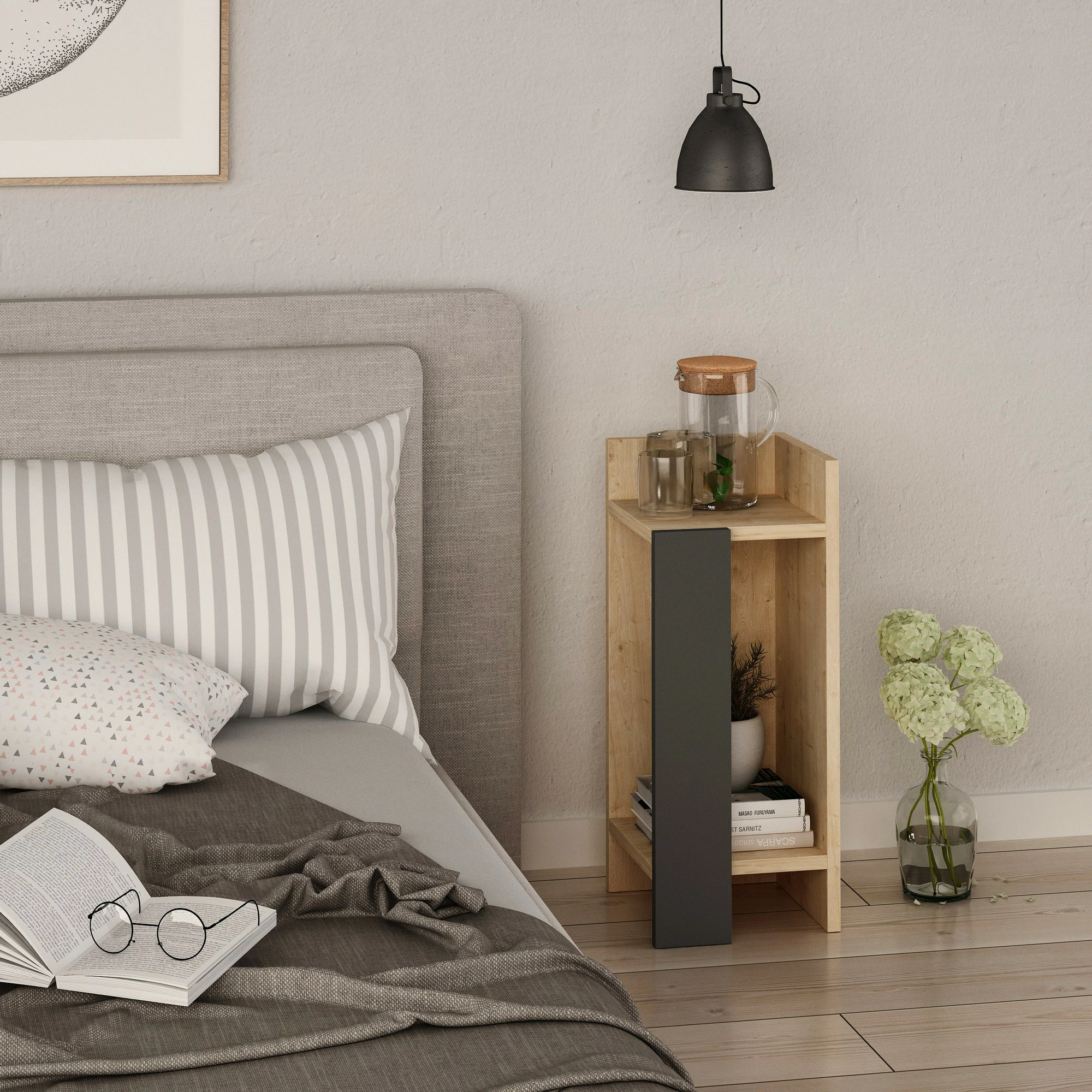 Komodinë anësore Elos, e djathtë, ngjyrë lis dhe antracit, Skye Decor