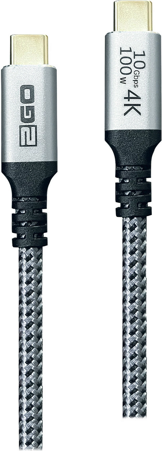 Kabllo USB-C në USB-C 2GO 797512, 1.2 m, USB 3.2 Gen 2, 100W PD, 10Gbps, 4K, e zezë/argjendtë
