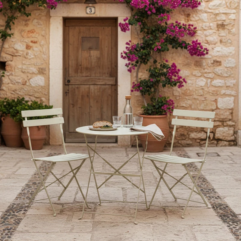 Tavolinë me karrige për terasë, set 3 copë, metalike, palosëse, ngjyrë bezhë, Φ60x71cm