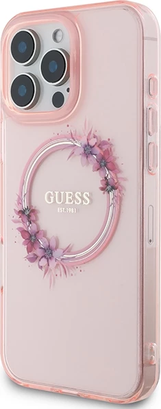 Mbështjellës Guess IML Flowers Wreath MagSafe për iPhone 16 Pro Max, Rozë