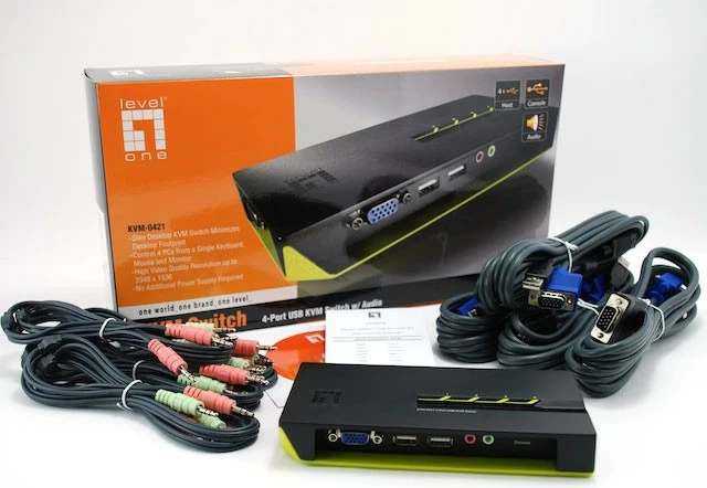 KVM switch LevelOne KVM-0421, 4 porta USB, VGA, audio, e zezë/e gjelbër