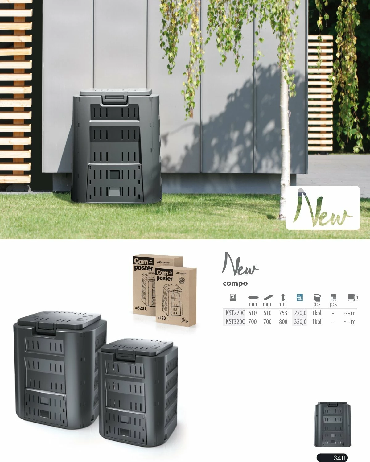 Kosh komposti Prosperplast CompoGreen 320 l, plastikë 70x70x80 cm, gri e errët