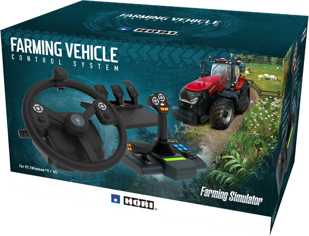 Set kontrolli simulimi HORI Farming Vehicle Control System (MPN 81005091221), timon 34 cm 900° + 3 pedale + konsolë anësore me joystick USB, i zi