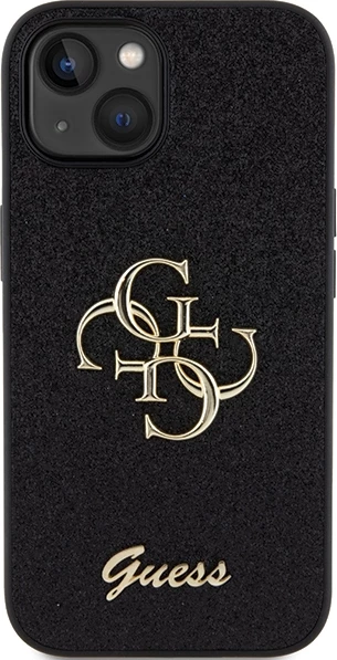 Mbështjellës Guess Glitter Script Big 4G për iPhone 15, i zi