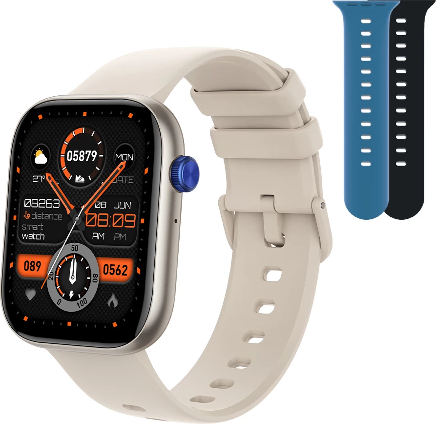 Smartwatch Moye Kronos 3 Pro, ekran 2.01\" TFT, Bluetooth 5.3, IP68, bateri 300 mAh, argjendtë, set me 3 rripa