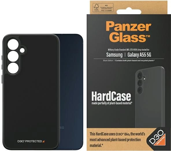 Mbështjellës PanzerGlass HardCase për Samsung Galaxy A55 5G, D3O Bio, i zi dhe transparent