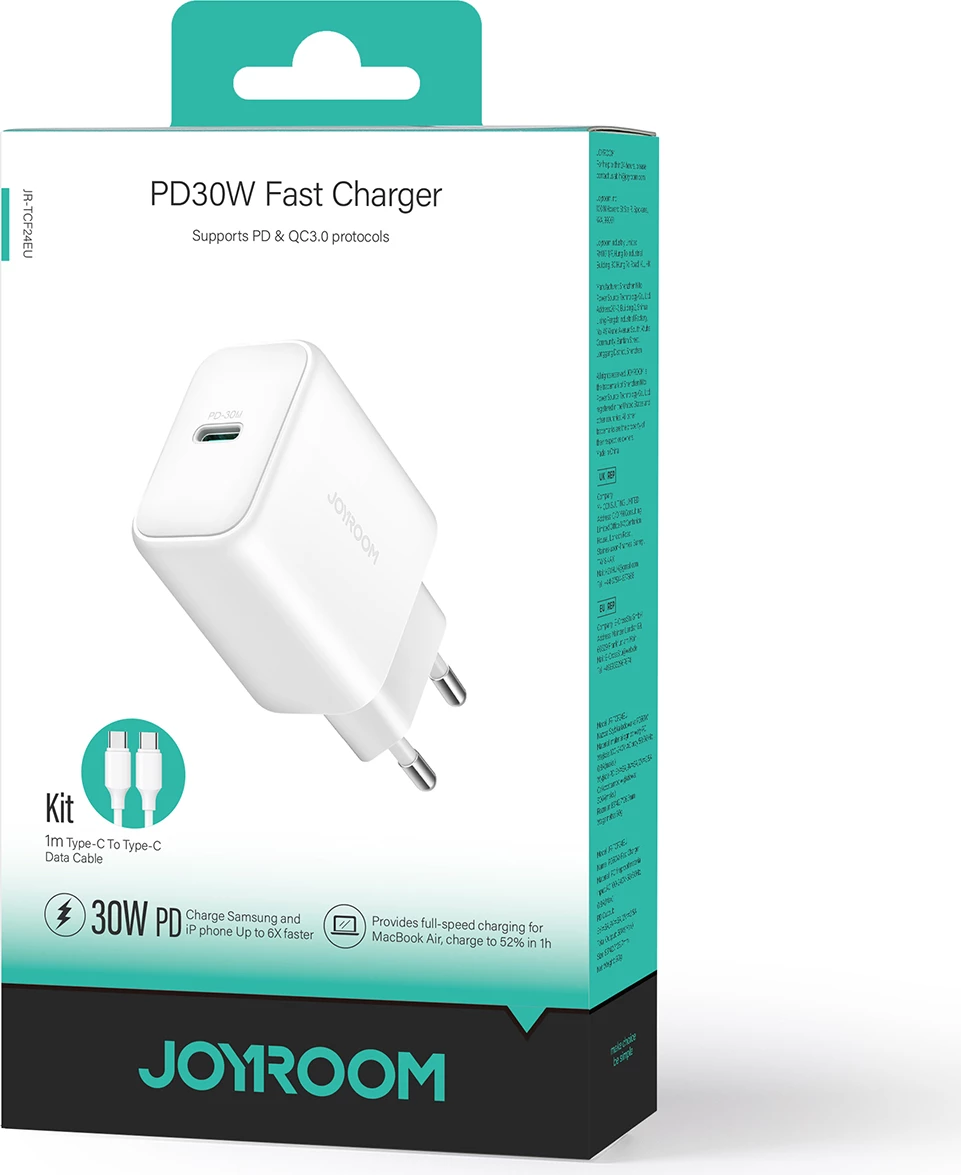 Karikues rrjeti USB-C PD 30W QC SFC, Joyroom JR-TCF24, 1 port, PPS, prizë EU, kabllo USB-C 1m, i bardhë, set