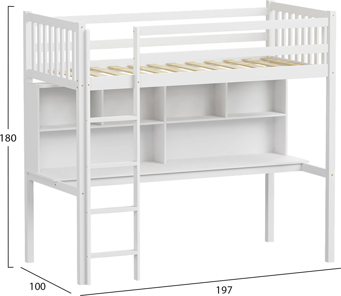 Krevat marinari për fëmijë Montessori me tavolinë e raft librash LIBRO FH708.03, dru i bardhë, 90x190cm
