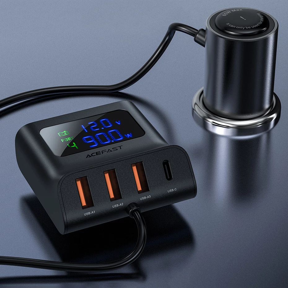 Karikues veture Acefast B8, 90W, 3x USB, 1x USB Type-C, me ekran, i zi