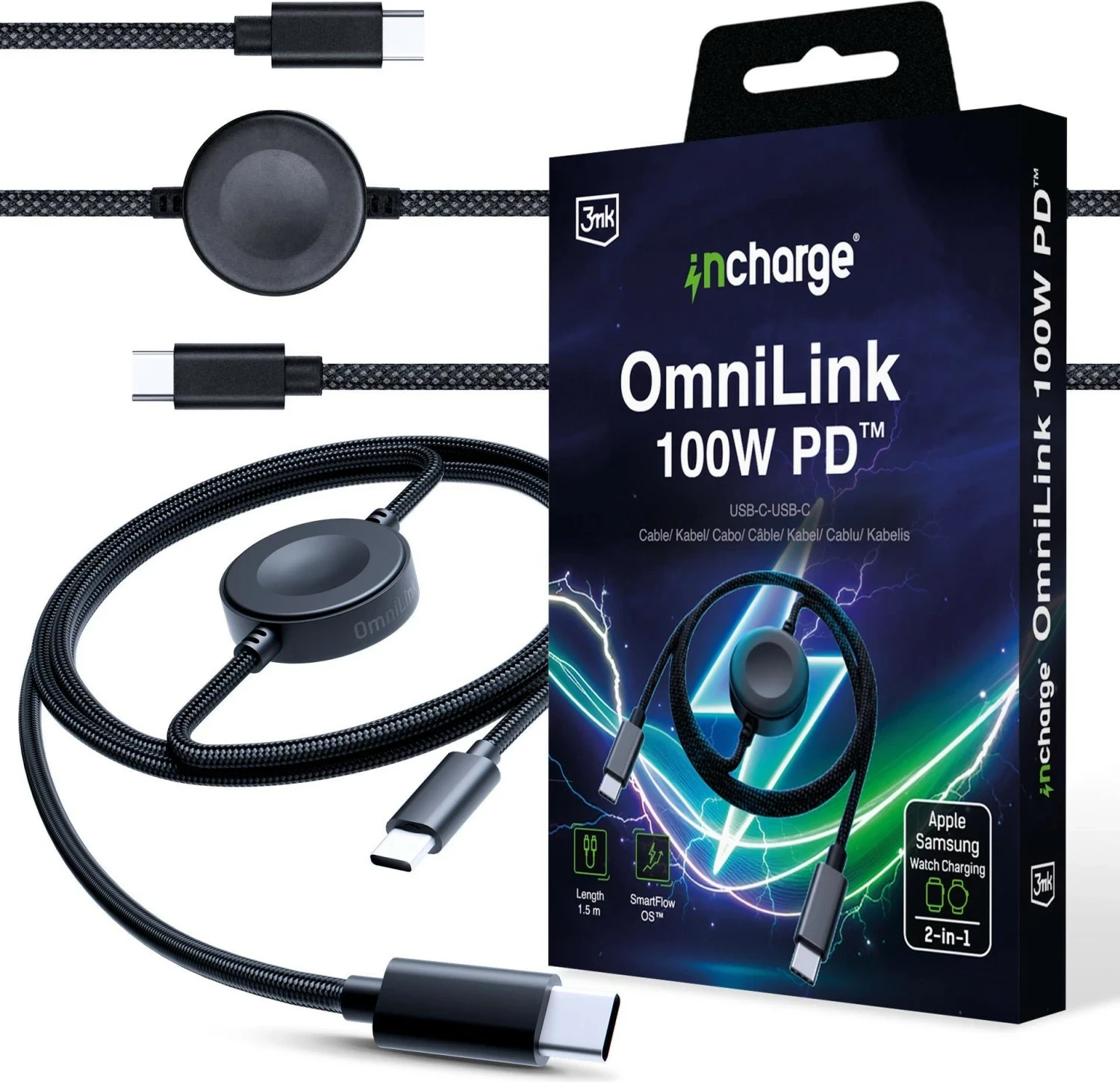 Kabllo 3MK incharge OmniLink USB-C në USB-C, 100W PD, 1.5m, e zezë