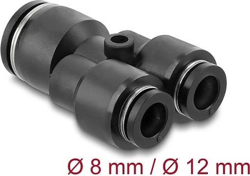 Konektor pneumatik DeLOCK 2x8 mm në 1x12 mm, Y, me vrimë montimi, 10 bar, i zi