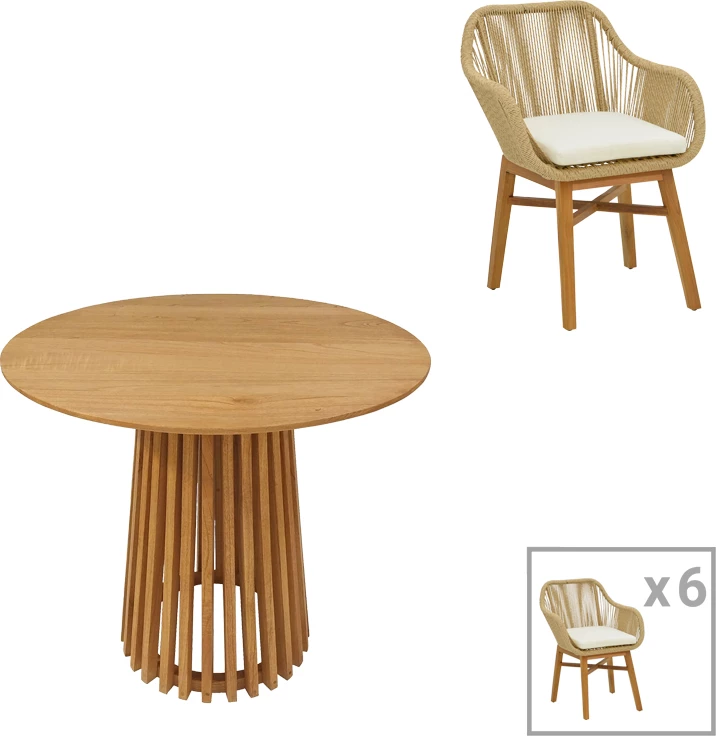 Tavolinë me karrige 7 copë, ngjyrë natyrale-bezhë, Φ80x75cm