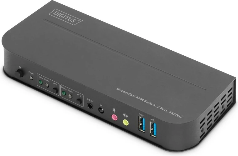KVM switch Digitus DS-12850, 2 porta, 4K 60Hz, DisplayPort/HDMI, e zezë