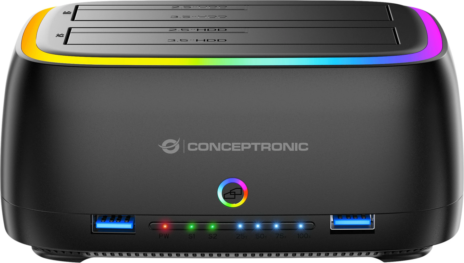 Kuti e jashtme për HDD/SSD Conceptronic, 2.5/3.5", 2-bay, USB-C, RGB, e zezë