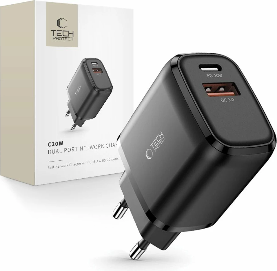 Karikues murit Tech-Protect C20W, 20W, 2 porta USB-C & USB-A, i zi