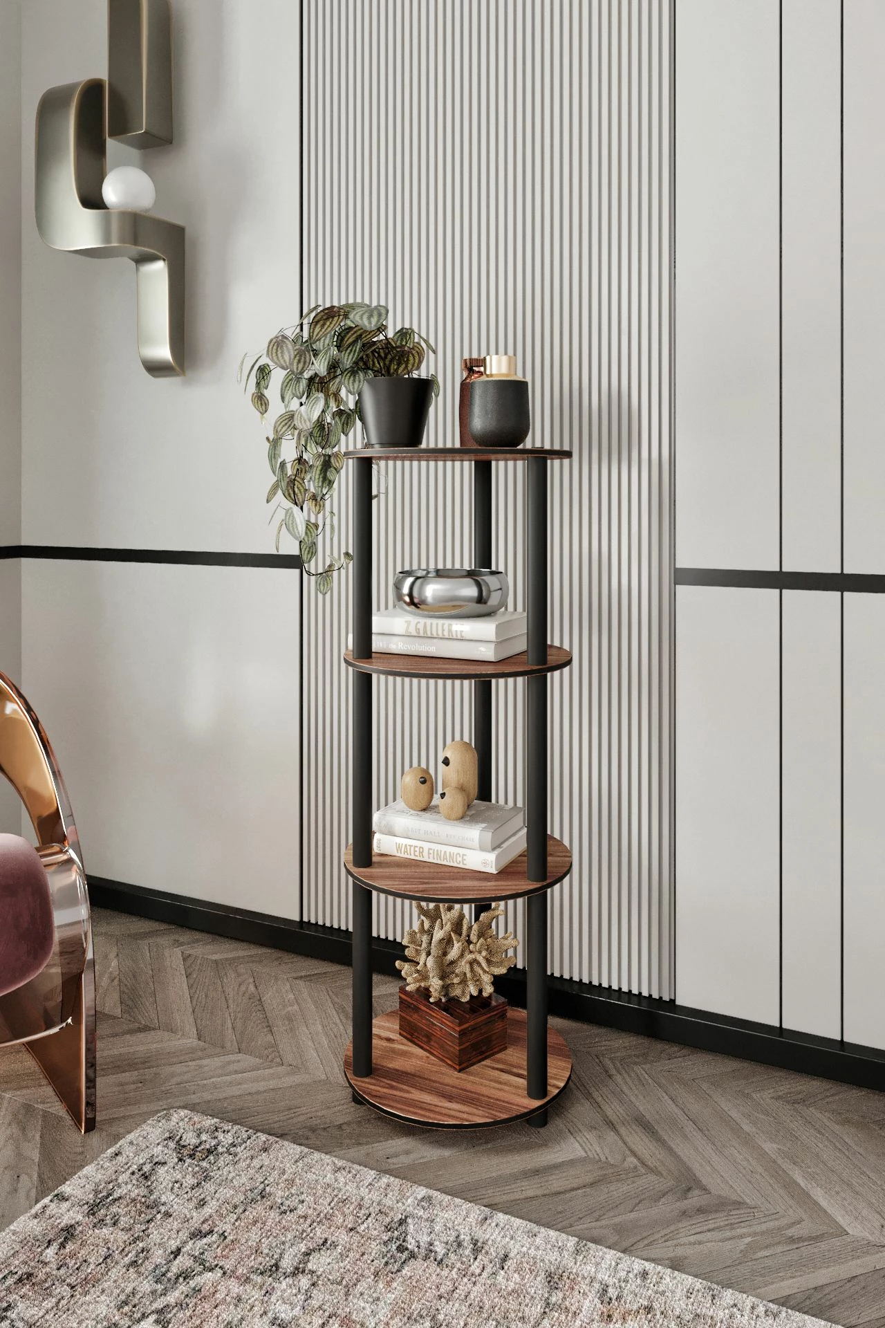 Raft librash Skye Decor, 4 kate, ngjyrë arre, i rrumbullakët