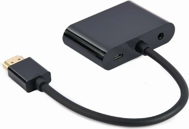 Adapter Gembird A-HDMIM-HDMIFVGAF-01, HDMI mashkull në HDMI femër + VGA femër, me audio dhe port energjie, 15 cm, Zi