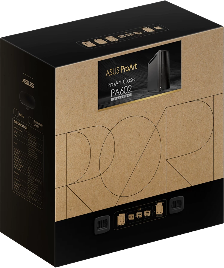 Kasë ASUS ProArt PA602 Wood Edition E-ATX, mbështetje radiator 420mm, USB-C 20Gbps, 3 ventilatorë të instaluar, e zezë