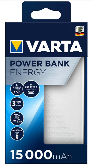 Power bank VARTA Energy 15000mAh, 2x USB-A + USB-C, bardhë/zi